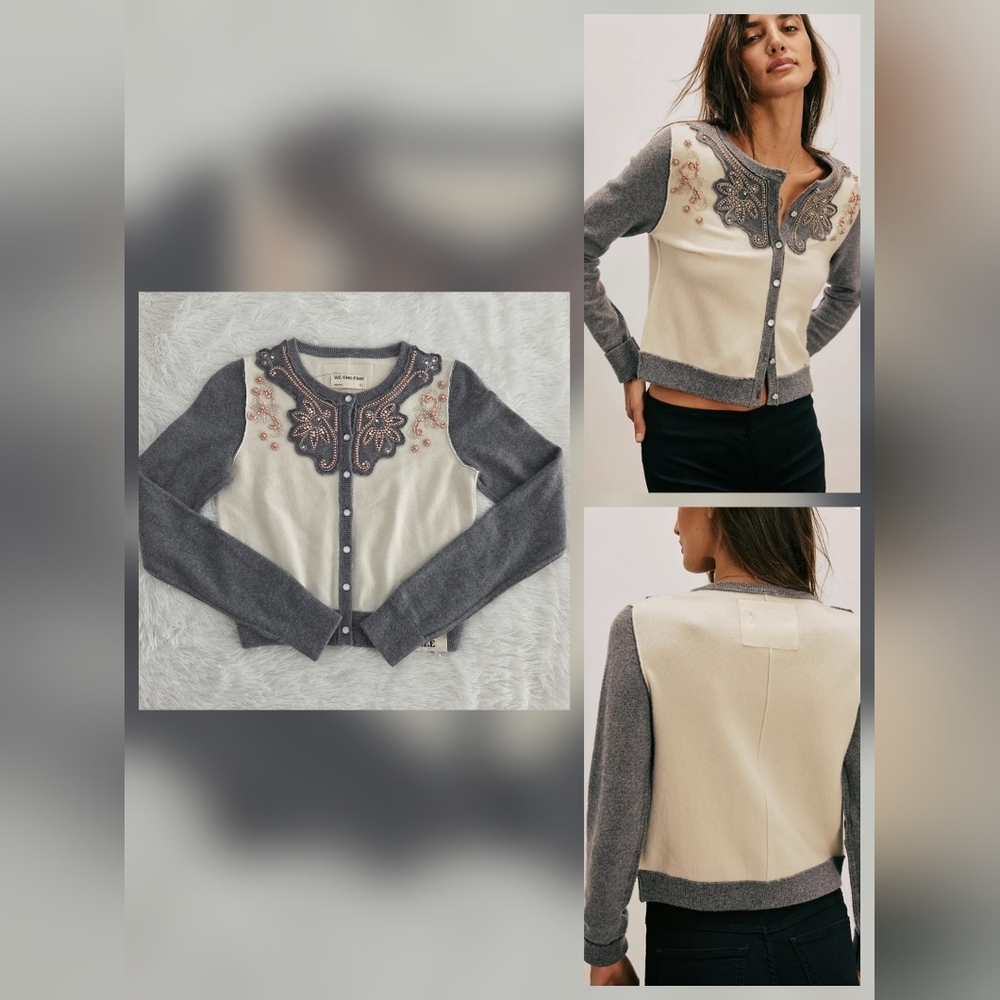 Free People We The Free Loui Embellished Cardi Grey Combo